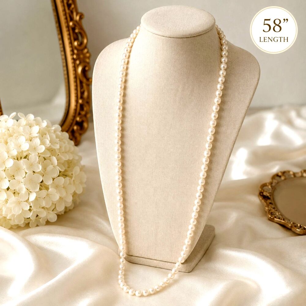Vintage 58" Hand Knotted 8mm Glass Faux Pearl Necklace Long Strand